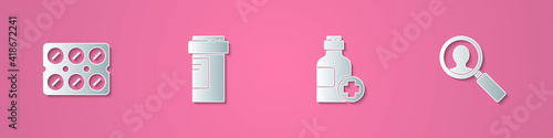 Set paper cut Pills in blister pack, Medicine bottle, Bottle of medicine syrup and Medical analysis icon. Paper art style. Vector.