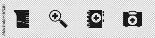 Set Measuring cup, Magnifying glass for search medical, Medical clipboard and First aid kit icon. Vector.