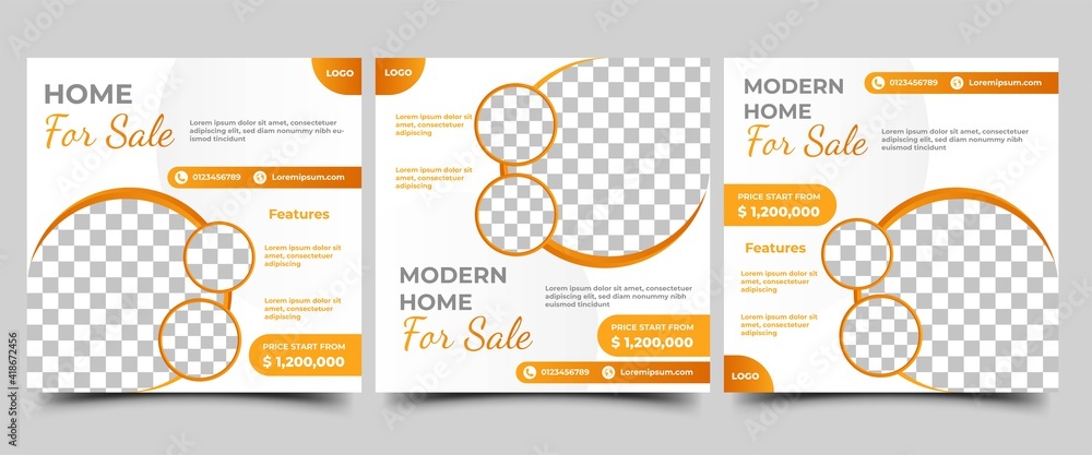 Set of Editable social media post template for real estate, home sale, or furniture sale. Vector design with a place for photo. Suitable for social media ads, flyers, sign, banners, and web ads. Set of Editable social media post template for real estate, home sale, or furniture sale. Vector design with a place for photo. Suitable for social media ads, flyers, sign, banners, and web ads.