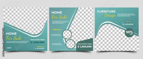 Set of Editable social media post template for real estate, home sale, or furniture sale. Vector design with a place for photo. Suitable for social media ads, flyers, sign, banners, and web ads.