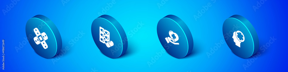 Set Isometric Crossed bandage plaster, Heart with cross, Male head hospital and Pills in blister pack icon. Vector. Set Isometric Crossed bandage plaster, Heart with cross, Male head hospital and Pills in blister pack icon. Vector.