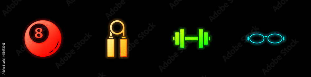 Set Billiard pool snooker ball, Sport expander, Dumbbell and Glasses for swimming icon. Vector. Set Billiard pool snooker ball, Sport expander, Dumbbell and Glasses for swimming icon. Vector.