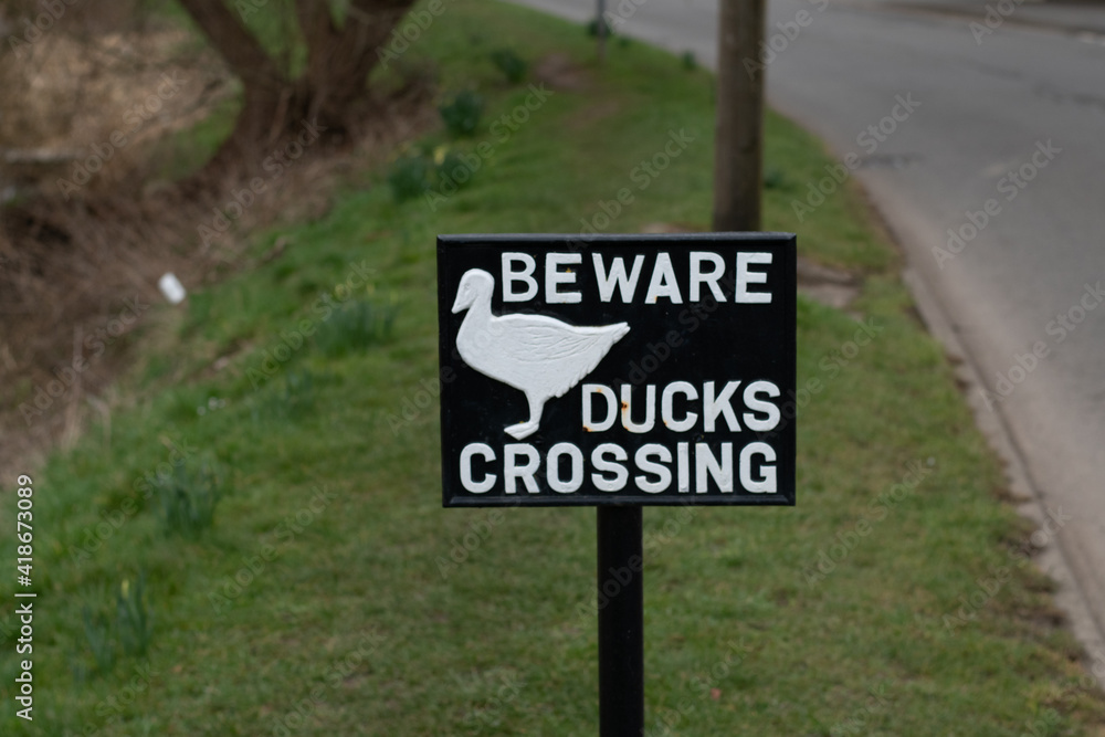 Beware duck crossing sign on some grass, on a river bank. 