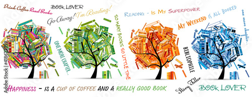 Library tree with books, four seasons of reading