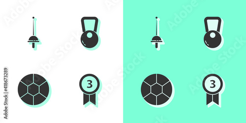 Set Medal, Fencing, Football ball and Kettlebell icon. Vector.