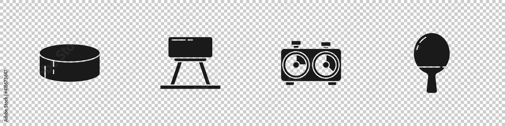 Set Hockey puck, Pommel horse, Time chess clock and Racket for playing table tennis icon. Vector. Set Hockey puck, Pommel horse, Time chess clock and Racket for playing table tennis icon. Vector.
