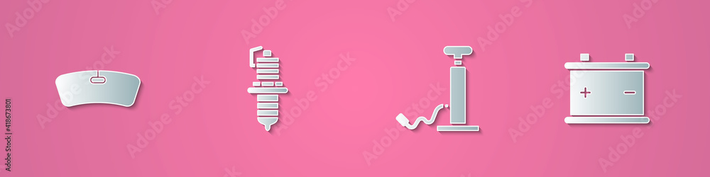 Set paper cut Windshield, Car spark plug, air pump and battery icon. Paper art style. Vector. Set paper cut Windshield, Car spark plug, air pump and battery icon. Paper art style. Vector.