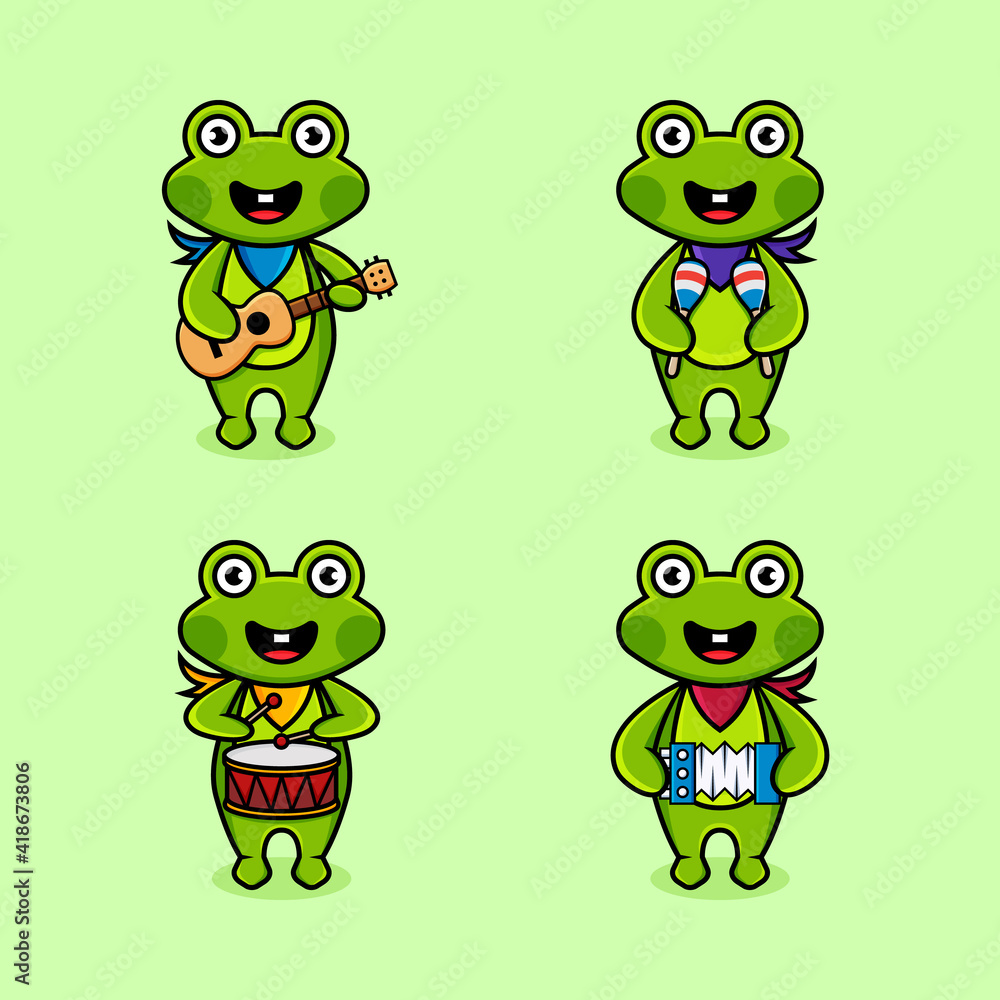 Fototapeta premium Cute little frog music instrument cartoon illustration