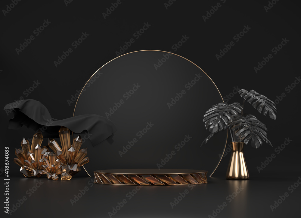 Abstract podium with monstera pot and crystals decoration in black background 3d render