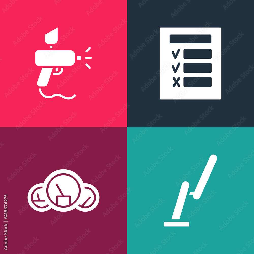 Set pop art Windscreen wiper, Speedometer, Car inspection and Paint spray gun icon. Vector. Set pop art Windscreen wiper, Speedometer, Car inspection and Paint spray gun icon. Vector.