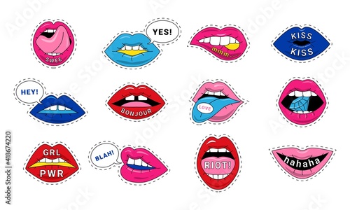 Woman s lips stickers. Sexy kiss fashion cartoon badges, girl mouth pink love signs. Vector isolated colorful collection