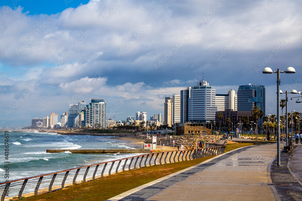 Tel Aviv, Israel - March 04, 2021: Tel Aviv view from Jaffa on a cloudy day Tel Aviv, Israel - March 04, 2021: Tel Aviv view from Jaffa on a cloudy day