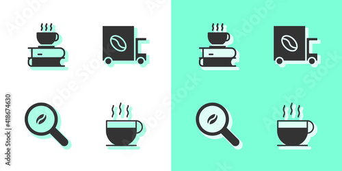 Set Coffee cup, and book, Selection coffee beans and street truck machine icon. Vector.