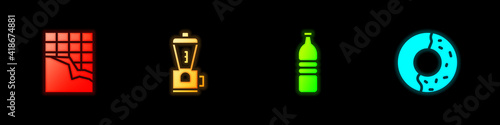 Set Chocolate bar, Electric coffee grinder, Bottle water and Donut with sweet glaze icon. Vector.