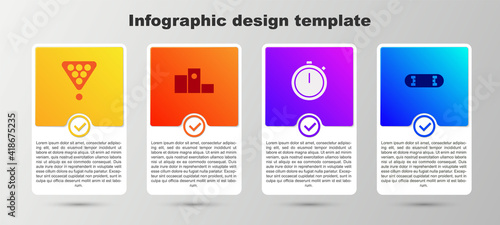 Set Billiard balls in rack triangle, Award over sports winner podium, Stopwatch and Skateboard trick. Business infographic template. Vector.