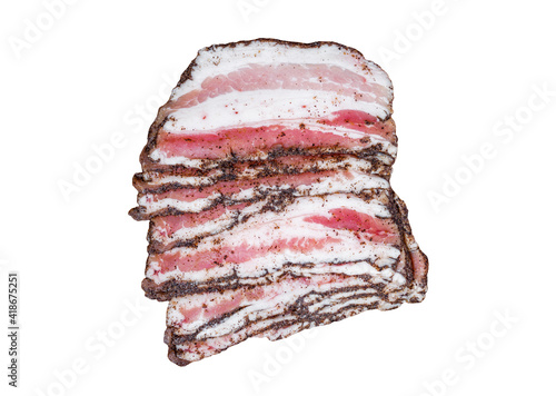 Bacon sliced with black pepper and spices isolated on white background with clipping path. Top view.