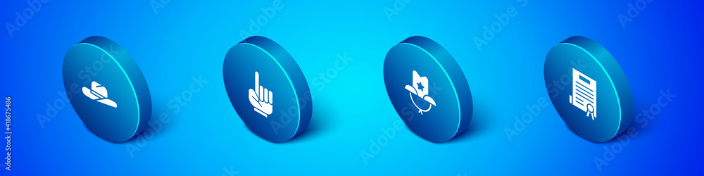 Set Isometric Western cowboy hat, , Declaration of independence and Number 1 one fan hand glove icon. Vector. Set Isometric Western cowboy hat, , Declaration of independence and Number 1 one fan hand glove icon. Vector.