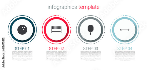 Set Bowling ball, Ribbon finishing line, Racket for playing table tennis and Barbell. Business infographic template. Vector.
