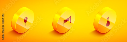 Set Isometric Golf ball on tee, Volleyball net and Bowling pin icon. Vector.