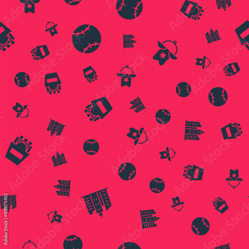 Set City landscape, Baseball ball, Potatoes french fries in box and Western cowboy hat on seamless pattern. Vector.