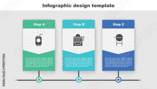 Set Soda can with straw, Slot machine and Barbecue grill. Business infographic template. Vector.
