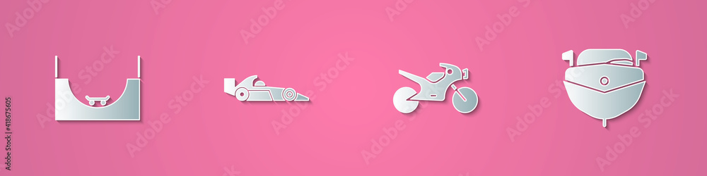Set paper cut Skate park, Formula 1 racing car, Motorcycle and Speedboat icon. Paper art style. Vector. Set paper cut Skate park, Formula 1 racing car, Motorcycle and Speedboat icon. Paper art style. Vector.