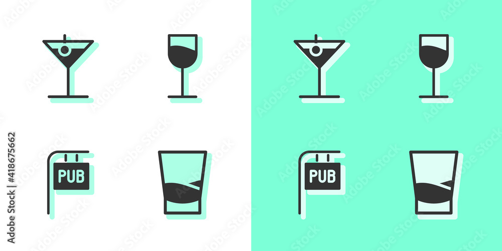 Set Glass of vodka, Martini glass, Street signboard with Pub and Wine icon. Vector. Set Glass of vodka, Martini glass, Street signboard with Pub and Wine icon. Vector.