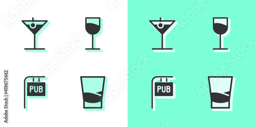 Set Glass of vodka, Martini glass, Street signboard with Pub and Wine icon. Vector.