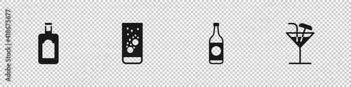 Set Whiskey bottle, Effervescent tablets in water, Beer and Cocktail icon. Vector.