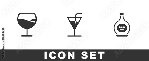 Set Wine glass, Cocktail and Bottle of cognac or brandy icon. Vector.