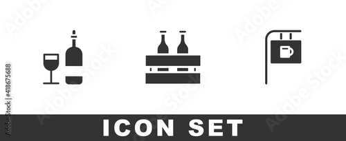 Set Wine bottle with glass, Pack of beer bottles and Street signboard Bar icon. Vector.