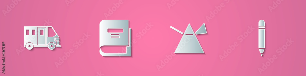 Set paper cut School Bus, Book, Light rays in prism and Pencil with eraser icon. Paper art style. Vector. Set paper cut School Bus, Book, Light rays in prism and Pencil with eraser icon. Paper art style. Vector.
