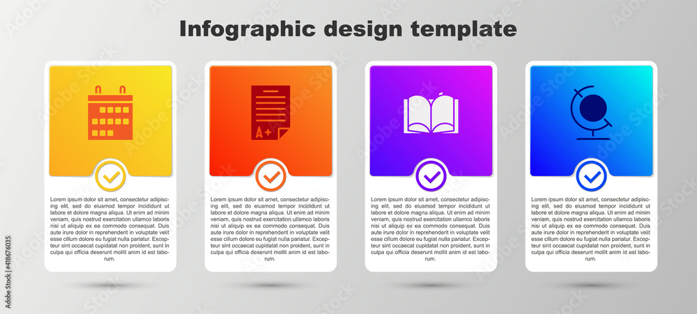 Set Calendar, Exam sheet with A plus grade, Open book and Earth globe. Business infographic template. Vector. Set Calendar, Exam sheet with A plus grade, Open book and Earth globe. Business infographic template. Vector.
