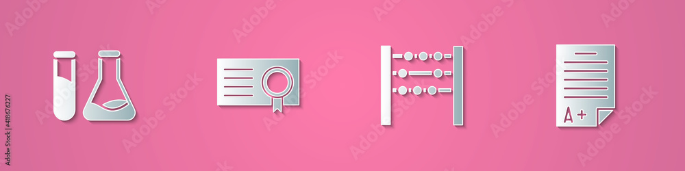 Set paper cut Test tube and flask, Certificate template, Abacus and Exam sheet with plus grade icon. Paper art style. Vector. Set paper cut Test tube and flask, Certificate template, Abacus and Exam sheet with plus grade icon. Paper art style. Vector.