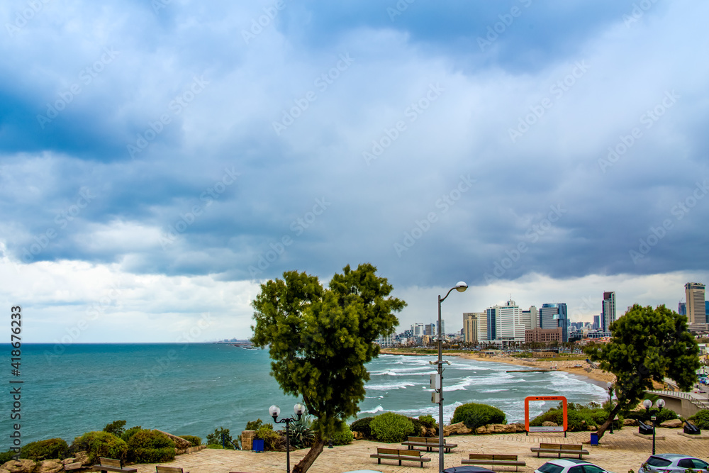 Tel Aviv, Israel - March 04, 2021: Tel Aviv view from Jaffa on a cloudy day