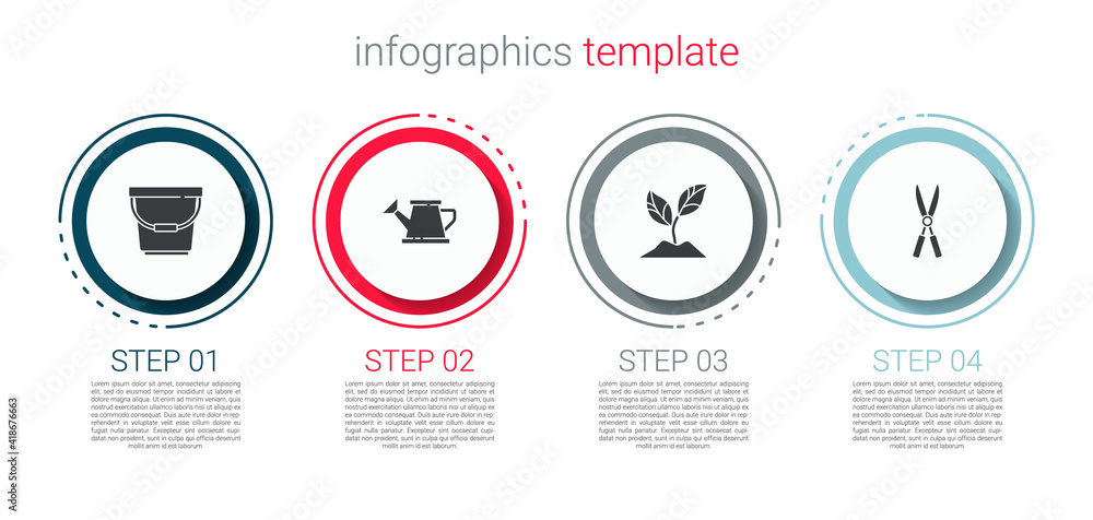 Set Bucket, Watering can, Plant and Gardening handmade scissors. Business infographic template. Vector. Set Bucket, Watering can, Plant and Gardening handmade scissors. Business infographic template. Vector.