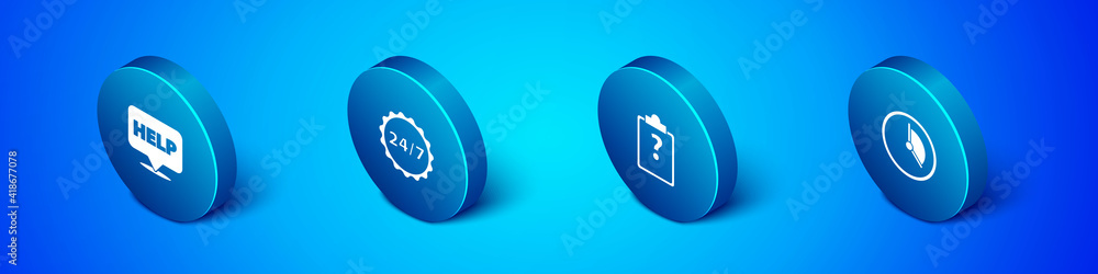 Set Isometric Speech bubble with text Help, Clipboard question marks, Time Management and Clock 24 hours icon. Vector.
