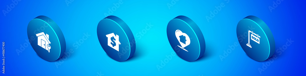 Set Isometric House with key, heart shape, Hanging sign Sold and dollar symbol icon. Vector. Set Isometric House with key, heart shape, Hanging sign Sold and dollar symbol icon. Vector.