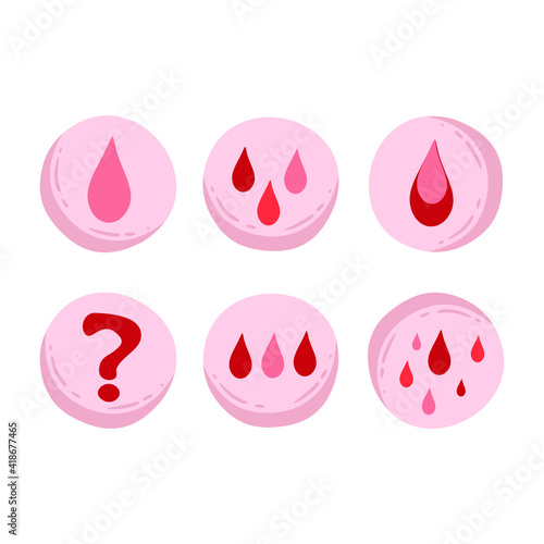 Circles, drops. The concept of menstruation, critical days, premenstrual syndrome. Design element. Set of vector icons isolated on white background. 