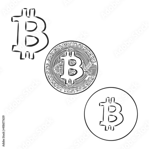 Isolated Bitcoin sketch. Physical bit coin. Digital currency. Cryptocurrency. Hand draw bitcoin. Stock vector illustration.