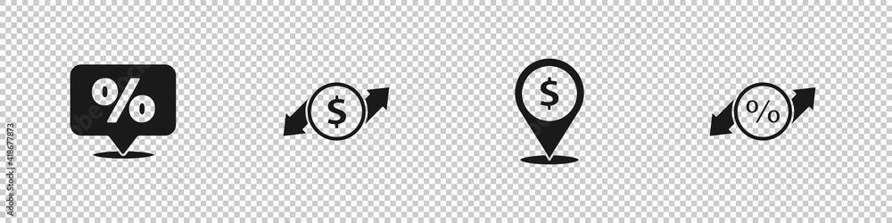 Set Discount percent tag, Financial growth and dollar, Cash location and icon. Vector.