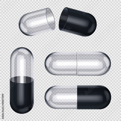 Empty pill capsules isolated on transparent background. Vector realistic mockup of medical capsule pill. photo