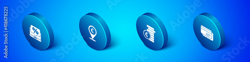Set Isometric Percent discount and laptop, Coin money with euro symbol, Credit card and Cash location icon. Vector.