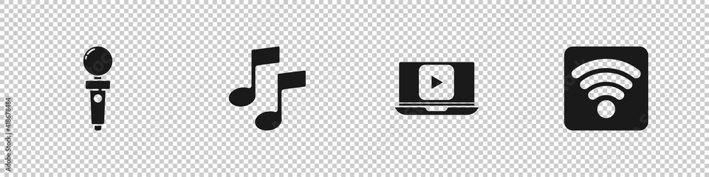 Set Joystick for arcade machine, Music note, tone, Online play video and Wi-Fi wireless internet network icon. Vector. Set Joystick for arcade machine, Music note, tone, Online play video and Wi-Fi wireless internet network icon. Vector.