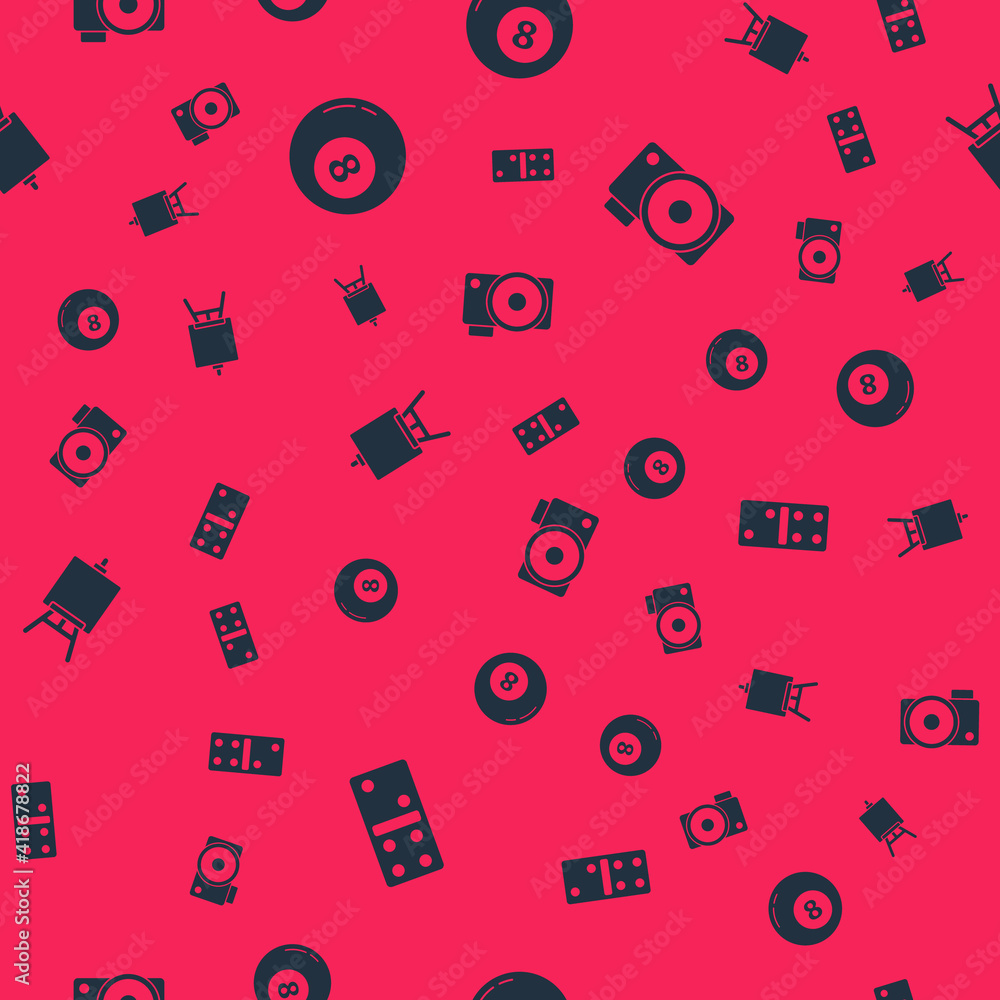 Set Domino, Billiard pool snooker ball, Easel or painting art boards and Photo camera on seamless pattern. Vector. Set Domino, Billiard pool snooker ball, Easel or painting art boards and Photo camera on seamless pattern. Vector.
