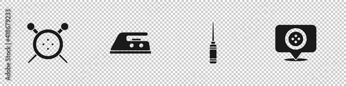 Set Sewing button and knitting needles, Electric iron, Awl tool and Location tailor shop icon. Vector.