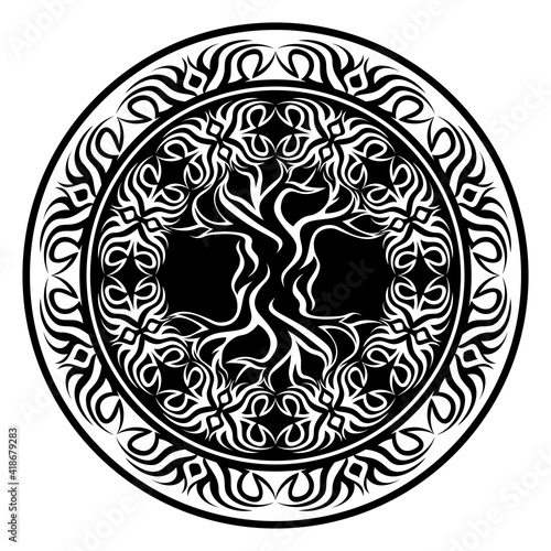 yggdrasil, viking tree of life, in ornamental tribal round frame