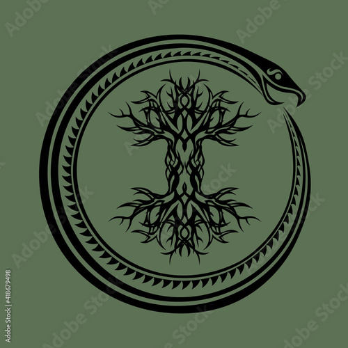 ouroboros serpent curled up around yggdrasil, viking tree of life
