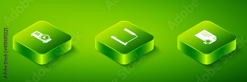 Set Isometric Table lamp, Certificate template and Movie, film, media projector icon. Vector.