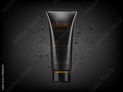 Black cosmetic plastic tube with charcoal powder explosion on black background. Charcoal detox cream or face mask, cosmetic packaging design.
